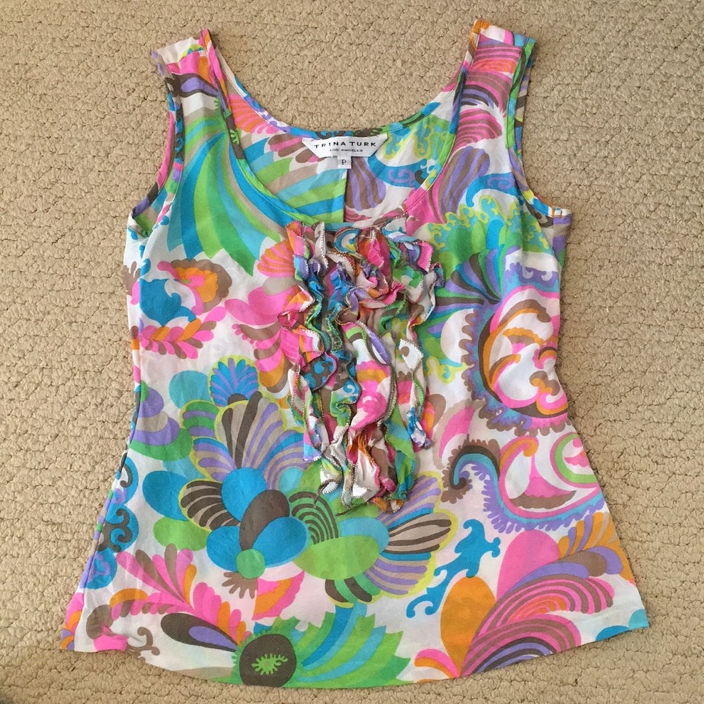 Trina Turk Silk Paisley Tank Top Blouse with Ruffle